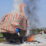 Truk muatan kertas terbakar di Jalan Tol Km 700 B (Surabaya-Kertosono) Jalur B. (foto: ist)