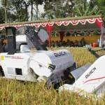 Bupati Tulungagung Syahri Mulyo SE MSi saat mengoperasikan mesin panen. (foto: ferry/BANGSAONLINE)