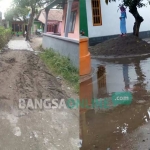 Banjir terjadi di lokasi pembangunan jalan paving Desa Pulo Lor, Kecamatan/Kabupaten Jombang. foto: ROMZA/ BANGSAONLINE