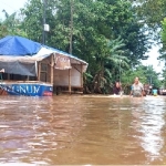 Banjir di Desa Kademangan, Kecamatan Mojoagung, Jombang akibat hujan deras yang melanda wilayah tersebut, Kamis (11/3).