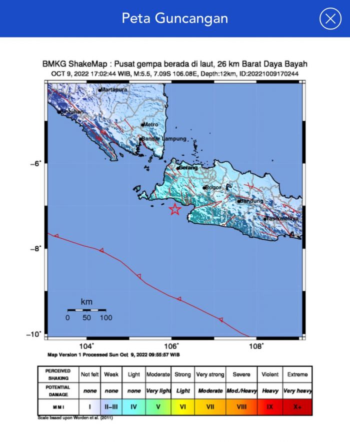 Gempa 5,5 Magnitudo Guncang Barat Daya Bayah. BMKG : Tak Berpotensi Tsunami