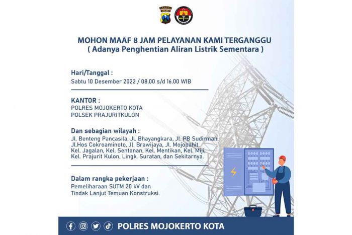 Besok Pelayanan Publik Polres Mojokerto Kota Alami Gangguan Dampak Pemeliharaan SUTM 20 kV