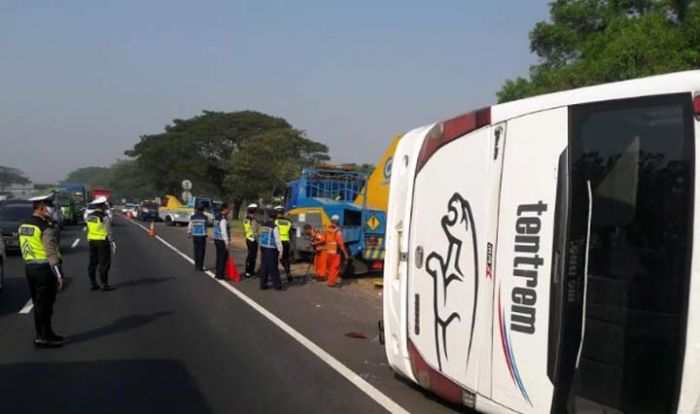 Melintas di Bahu Jalan, Bus Tentrem Kecelakaan di Tol Sidoarjo