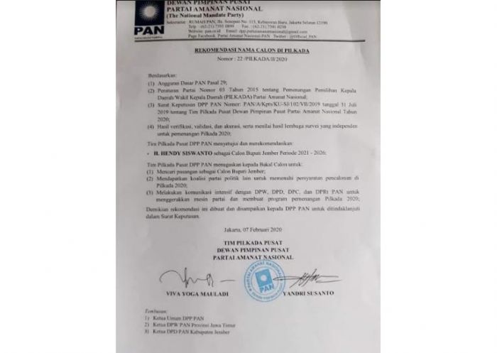 ​Foto Surat Rekom PAN Tersebar, H. Hendy Ditunjuk sebagai Calon Bupati, DPD Tegaskan Belum SK