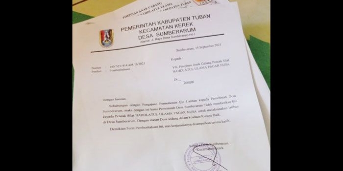 Surat penolakan pemberian izin dari Pemdes Sumberarum kepada PSNU Pagar Nusa yang ditandatangani kepala desa setempat.
