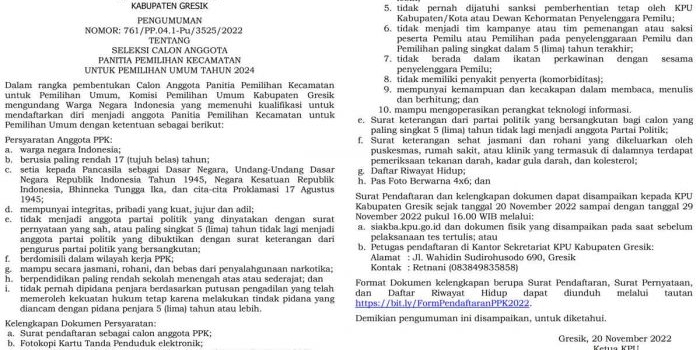 kpu-kabupaten-gresik-umumkan-seleksi-calon-anggota-panitia-pemilihan-kecamatan-untuk-pemilu-2024