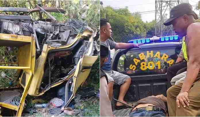 Kondisi truk saat masuk sungai dan evakuasi korban oleh anggota Polsek Karangjati.