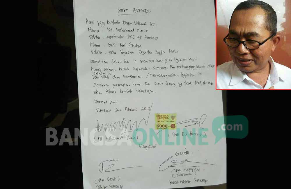 Surat permintaan maaf bermaterai dari penyelenggara wasbang. Inset, Kepala Disdik Sumenep, A. Sadik.