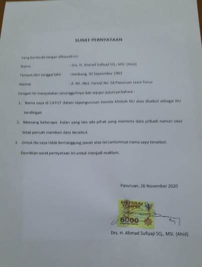 Surat pernyataan Gus Ahid. foto: ist