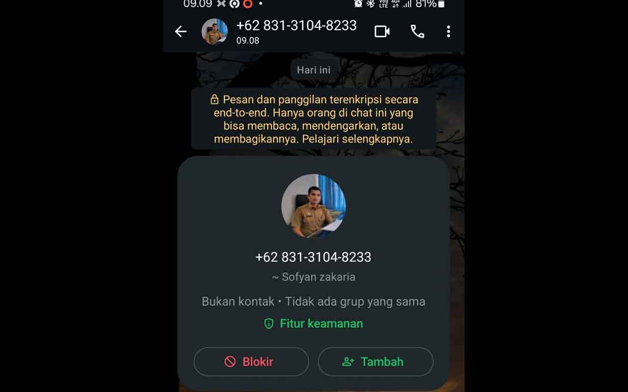 Tangkapan layar nomor handphone penipuan yang mengatasnamakan Dispendukcapil Surabaya, yang akan memverifikasi IKD warga. Foto: bangsaonline.com