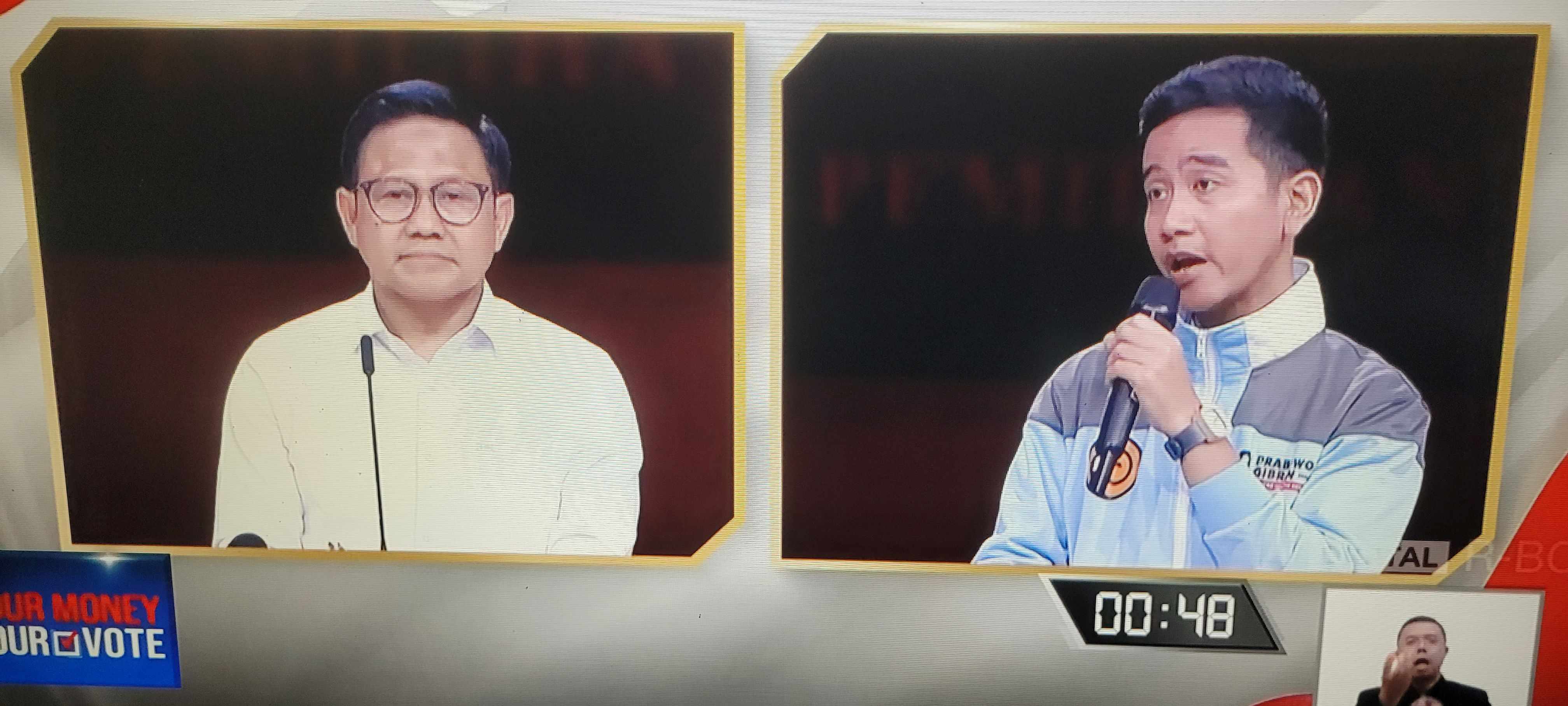 Calon Wakil Presiden Muhaimin Iskandar dan Calon Wakil Presiden Gibran Rakabuming Raka dalam acara Debat Cawapres 2024, Ahad (21/01/2024). Foto: bangsaonline