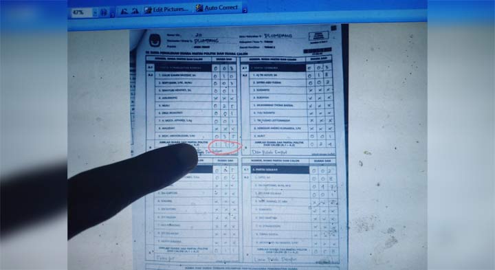 Data perolehan suara di salah satu TPS Kecamatan Plumpang yang salah rekap.