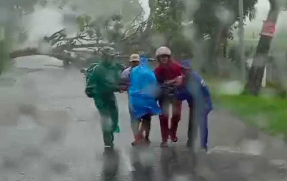 Warga sedang mengevakuasi pengendara motor yang tertimpa pohon di Kecamatan Plumpang.