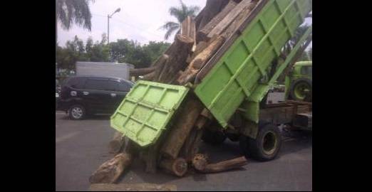 Truk Hino dengan muatan kayu yang diamankan petugas. (Dito/BangsaOnline.com)