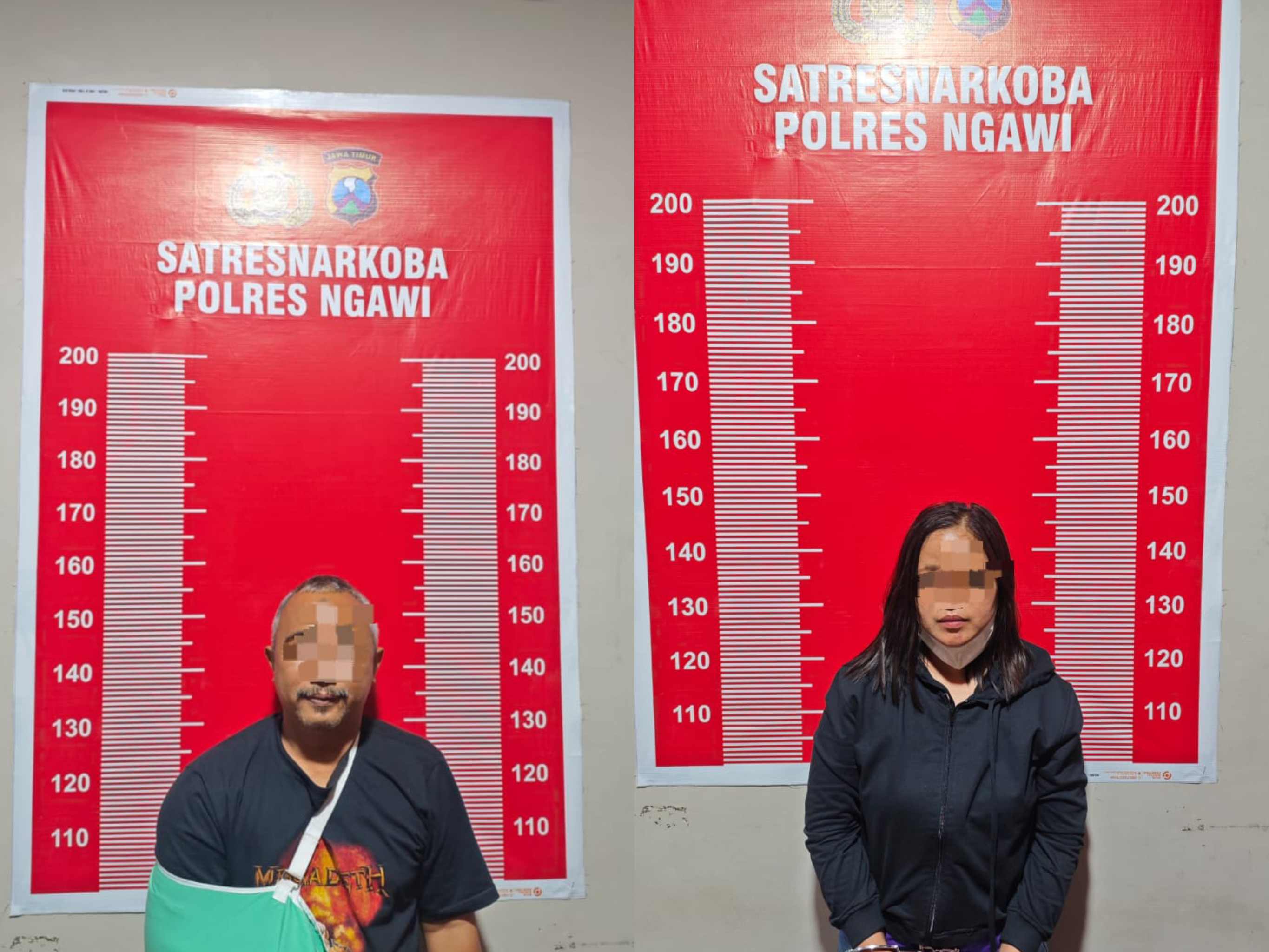 (kanan) pengedar narkoba dan (kiri) kurir narkoba yang berhasil diamankan Satresnarkoba Polres Ngawi