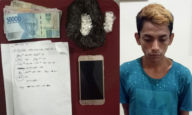 Yudha Budi, tersangka pengedar Pil LL dan barang bukti yang diamankan. (foto: ist).