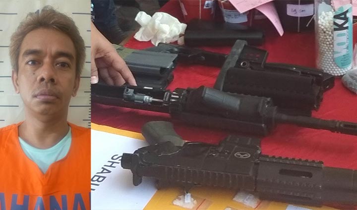 Residivis Jamil Yusuf (40) beserta barang bukti gas gun.