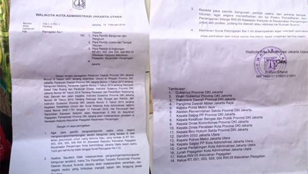 Surat Peringatan (SP) pertama Pemprov DKI terhadap warga Kalijodo. foto: rakisa/ BANGSAONLINE