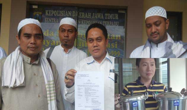 Andry Ermawan, kuasa hukum FPI usai lapor ke Polda Jatim. Inset: Panci dari PT Tekstroindo Anugerah Sukses Abadi. foto: suarasurabaya.net