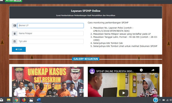 Tampilan satreskrimrestasda.com untuk memantau perkembangangan perkara secara online.