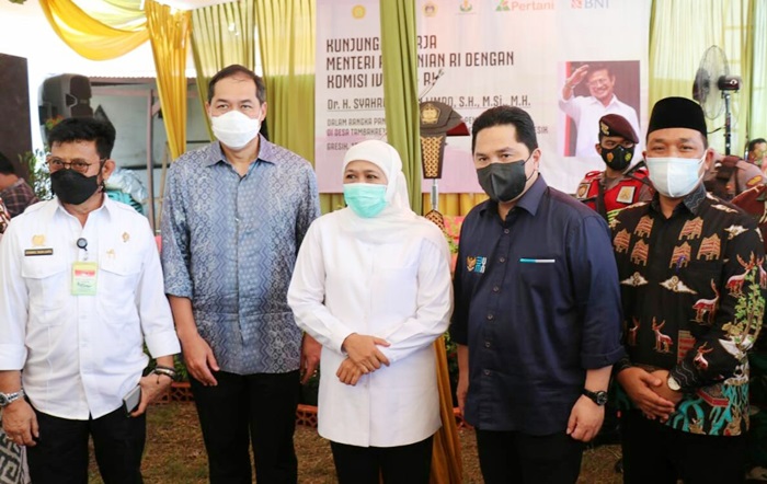 Menteri BUMN Erick Thohir, Mendag Muhammad Lutfi, dan Mentan Syahrul Yasin Limpo bersama Gubernur Jatim Khofifah Indar Parawansa ketika menghadiri panen raya di Duduksampeyan, Kabupaten Gresik. foto: SYUHUD/ BANGSAONLINE