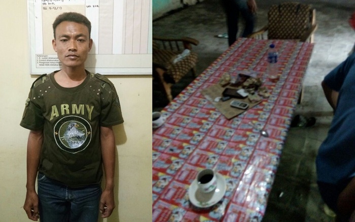Tersangka Murdonibin (foto kiri) berikut barang bukti para penjudi.