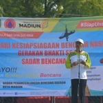 Pj Sekretaris Daerah Kota Madiun Rusdiyanto saat sambutan Apel Hari Kesiapsiagaan Bencana Kota Madiun di Lapangan Pilangbango, Jum’at (20/4).
