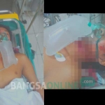 Slamet Isbandi (31), warga RT 03 RW 06 Desa Pucangsimo, Kecamatan Bandar Kedungmulyo menjalani perawatan setelah menggorok lehernya sendiri, Minggu (8/1). foto: ROMZA/ BANGSAONLINE 