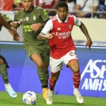 Pemain Arsenal Reiss Nelson mencetak satu gol ke gawang AC Milan di laga uji coba Dubai Super Cup.
