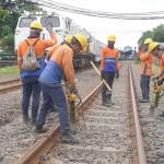 Petugas saat perawatan jalur kereta api.
