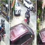 Tangkapan layar rekaman CCTV saat korban dijambret oleh dua pelaku hingga terjatuh.