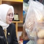 Kiri: Wakil Ketua DPRD Gresik Hj. Nur Saidah. Kanan:  Komoditi yang diterimakan KPM di Paganden dari data yang didapatkan berupa beras 15 kg, jeruk, telur, dan kacang tanah.