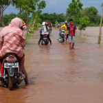 BANJIR. Warga melintas di jalan desa yang tergenang. foto : suwandi/bangsaonline