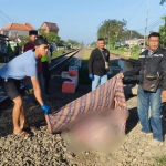 Evakuasi lansia yang tewas akibat tertemper KA Mutiara Selatan di Krian, Sidoarjo.