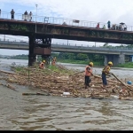 Petugas Gabungan saat membersihkan sampah yang nyangkut di pilar Jembatan Brantas Lama. (Ist). 
