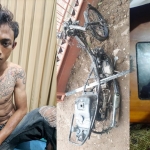 Tersangka saat dirawat di RS Pusdik Sabhara Porong, berikut sepeda motor yang dibakar massa, serta barang bukti sebuah hp korban.