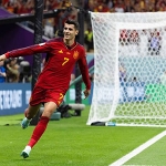 Alvaro Morata mencetak gol bagi Spanyol pada laga melawan Jerman yang berakhir imbang 1-1.