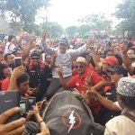 Gus Ipul saat diarak warga PDIP Kota Surabaya, dinaikkan replika banteng.