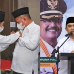 Wakil Wali Kota Pasuruan Adi Wibowo memasangkan pin kepada perwakilan ASN usai penandatanganan perjanjian kinerja. Foto kanan, Wawali Adi saat memberikan arahan.
