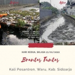 Tampak sungai Pesantren Waru Sidoarjo Jawa Timur saat belum dibersihkan penuh sampah (kiri) dan sungai yang sudah dibersihkan. foto: istimewa/ bangsaonine.com