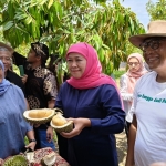 Khofifah saat menunjukkan isi buah durian black thorn