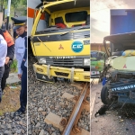 Kondisi truk dan masinis kereta api setelah terjadi laka di perlintasan KA Jalan Agung Suprapto, Desa Sukorejo, Kecamatan/Kabupaten Lamongan.