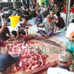 Panitia menyupkan daging kurban yang akan dibagikan kepada warga di halaman utama Ponpes Tebuireng, Jumat (1/9/2017). foto: ROMZA/ BANGSAONLINE