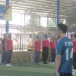 Kapolres Lamongan AKBP Feby DP Hutagalung saat memberikan sambutan dalam turnamen futsal Kapolres Cup memperingati Hari Bhayangkara ke-73.
