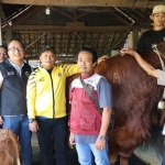 Wakil Bupati Gresik bersama Kepala Dinas Pertanian yang rangkap jabatan sebagai Plt Kepala Dinas Perikanan dan Kelautan, serta anggota Fraksi Gerindra DPRD Gresik, Muchamad Zaifudin, saat melihat sapi kurban yang dibeli Presiden Prabowo. Foto: Ist