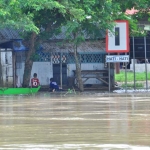 BAHAYA: Dua bocah sedang bermain di tepi bantaran Sungai Bengawan Solo Desa Banjarsari saat air sedang siaga II. 
