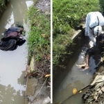 Petugas mengevakuasi mayat yang ditemukan di parit Dusun Karang Ploso, Desa Gelang, Kecamatan Tulangan.
