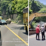 Tangkapan layar rekaman video saat batu besar terjatuh ke Jalan Pantura. Foto kanan, petugas saat mengevakuasi menggunakan alat berat.