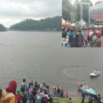 Suasana Telaga Ngebel yang dipadati pengunjung. Inset: Panggung hiburan yang memeriahkan suasana.