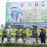 Danrem 081/BSJ Madiun bersama Forkopimda Ngawi saat menanam padi di lahan milik TNI AD.